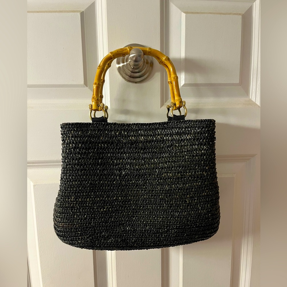 Sonoma Lifestyle Black and polka dot straw bamboo handbag